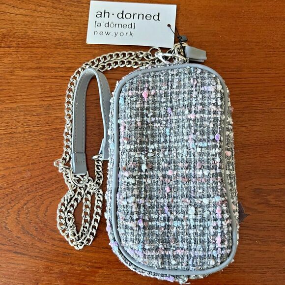 Crossbody Bag Ah-Dorned Taylor Tweed Grey White Pink NWT Camera Bag Chain - Picture 2 of 10